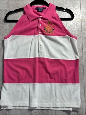 Ralph Lauren Polo Sport Pink & White Striped Sleeveless Polo crested sz L